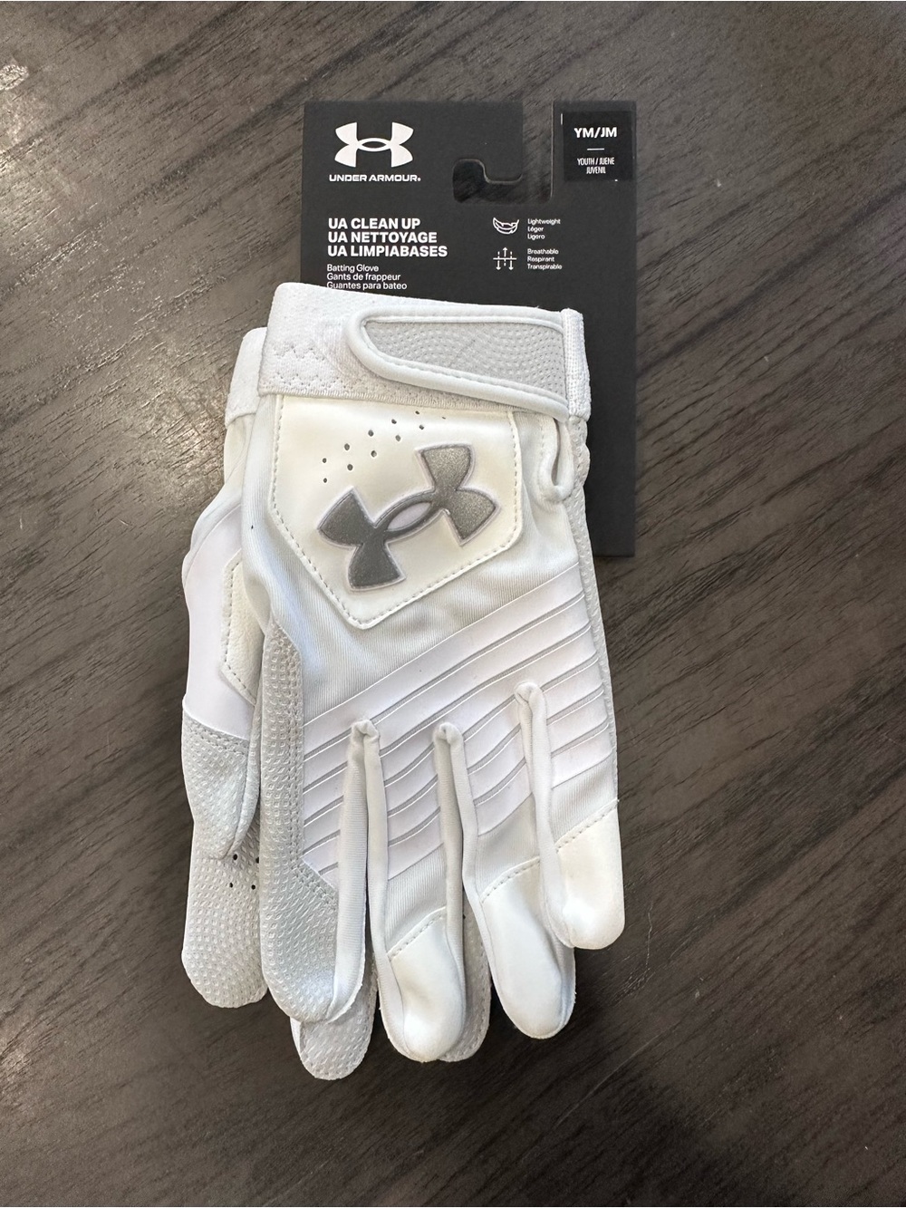 Under Armour UA Clean Up Youth Batting Gloves YM/JM White/Gray Breathable